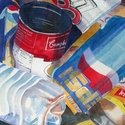 recyclable, snapple, pepsi, cambells soup, water bottles