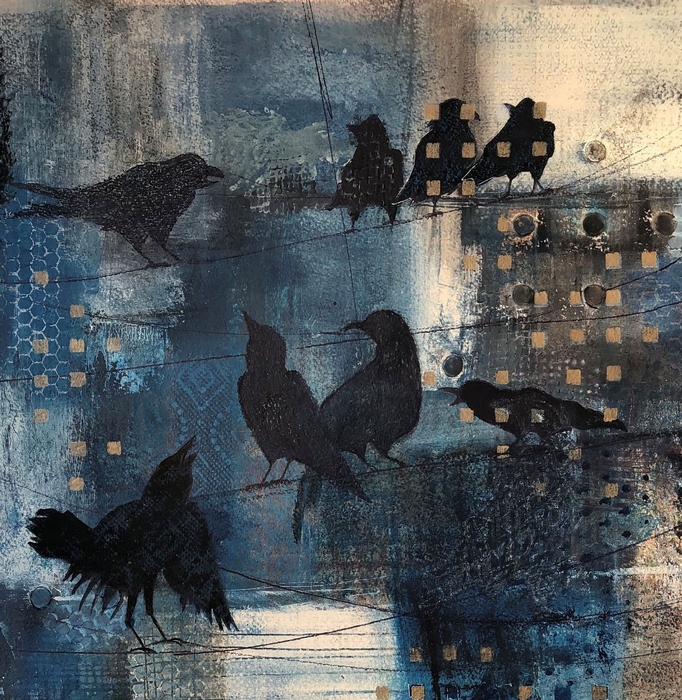 crows, blues, black, abstract