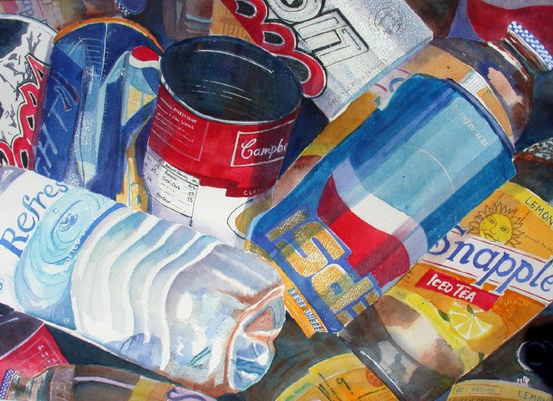 recyclable, snapple, pepsi, cambells soup, water bottles